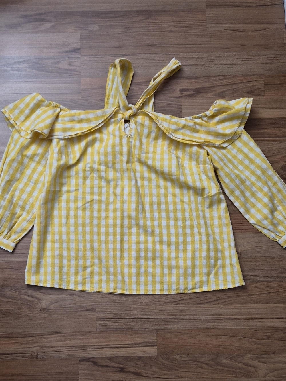 Crown & Ivy Yellow Montauk Weekend ll Gingham Off-Shoulder